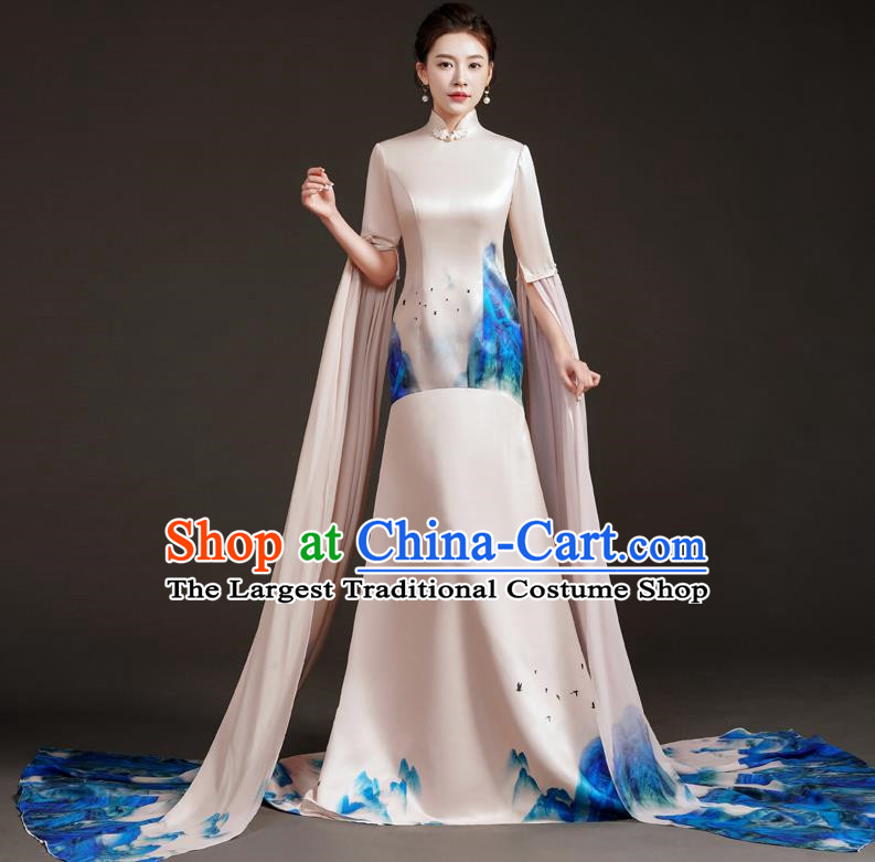 High End Small Trailing Costumes Water Sleeve Art Test Solo Guzheng Playing Dress Mermaid Model Catwalk