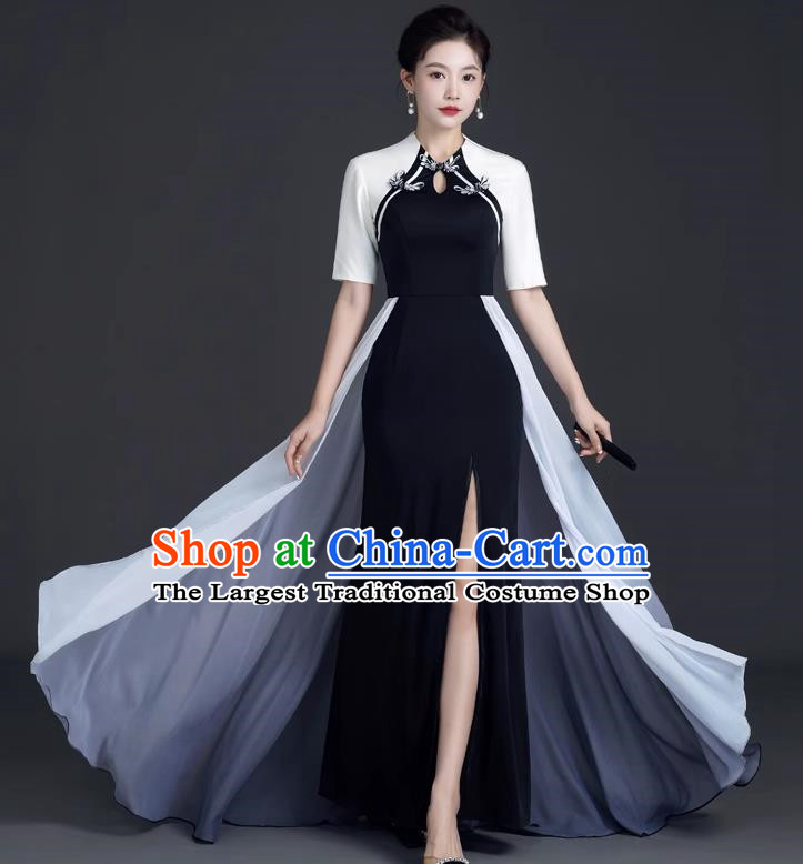 Chinese Design Black Fishtail Slit Dress Cheongsam Model Team Catwalk High End Temperament Costumes