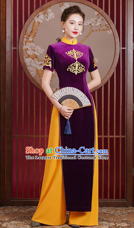 Purple Velvet Ao Dai Modified Cheongsam Dress Mother Catwalk Costume