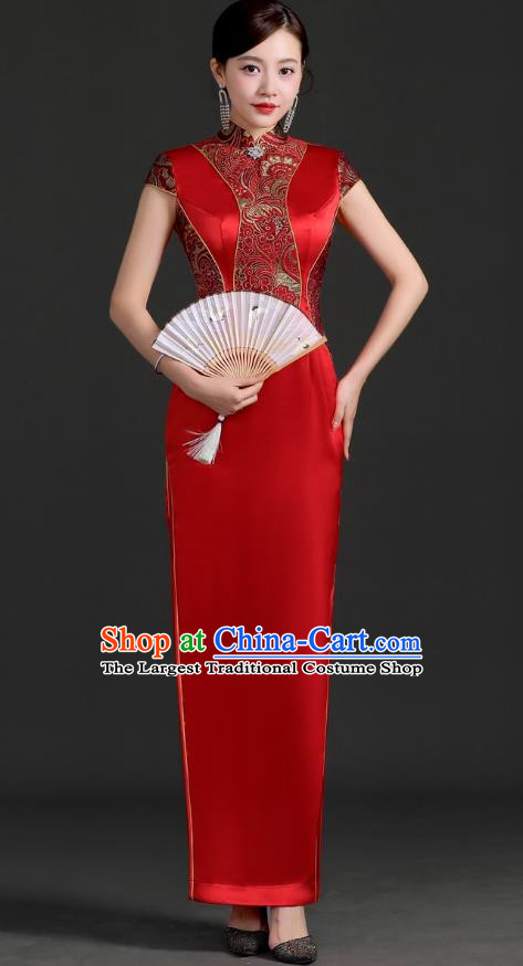 Chinese Design Improved Red Wedding Cheongsam Long Catwalk Performance Clothing Daily Cheongsam Dress