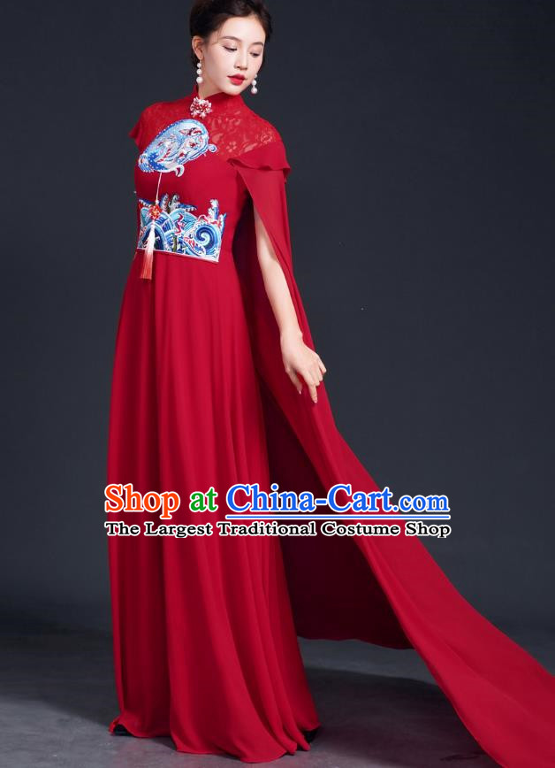 Improved Catwalk Cheongsam Long Section Chinese Red Costume Big Cape Fairy Skirt Model Choir