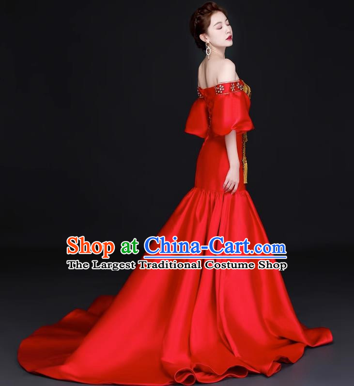 Chinese Design High End Trailing Banquet Evening Dress Long Fishtail Self Cultivation Model Catwalk Dress One Shoulder Costume