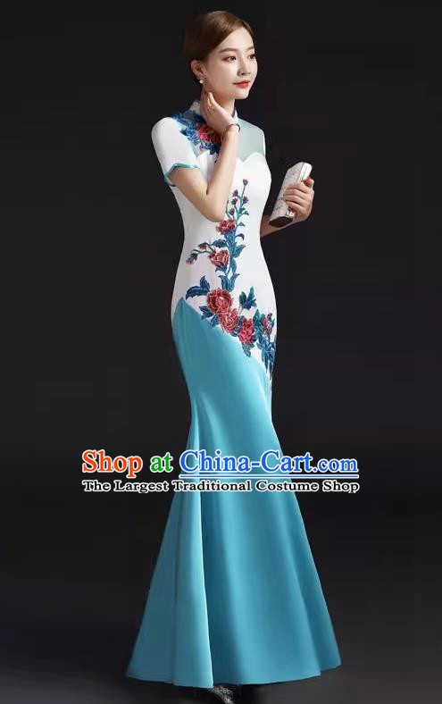 Chinese Design Improved Fishtail Slim Evening Dress Embroidered Chorus Cheongsam Stage Catwalk Costume