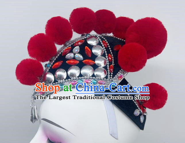Yi Nationality Dance Headdress Red Dragonfly Taoli Cup Performance Headdress Cockscomb Hat Rooster Hat Wig Hair Play Headdress