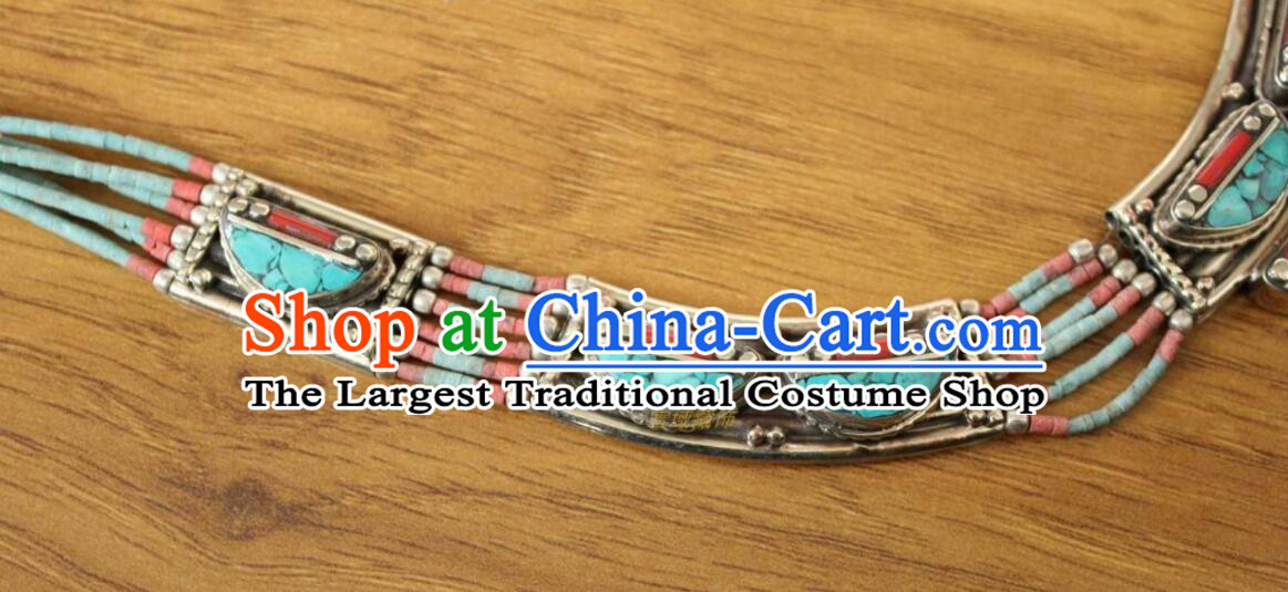 Chinese Zang Nationality Woman Cupronickel Necklace Handmade Tibetan Ethnic Jewelry Traditional Nepal Kallaite Accessories