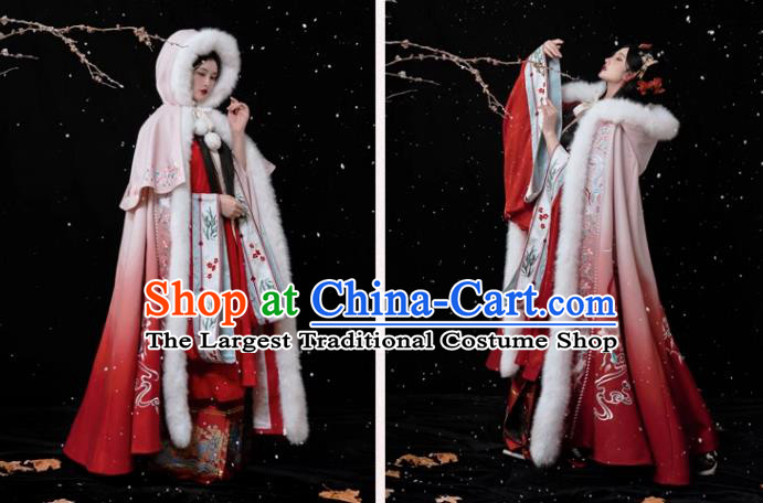 China Ancient Royal Princess Red Embroidered Cape Ming Dynasty Noble Lady Costumes Traditional Woman Hanfu Cloak