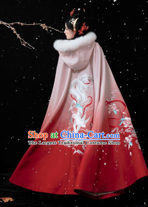 China Ancient Royal Princess Red Embroidered Cape Ming Dynasty Noble Lady Costumes Traditional Woman Hanfu Cloak