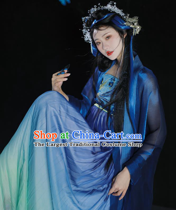 Traditional Woman Blue Hanfu China Ancient Princess Hezi Dress Tang Dynasty Young Lady Costumes
