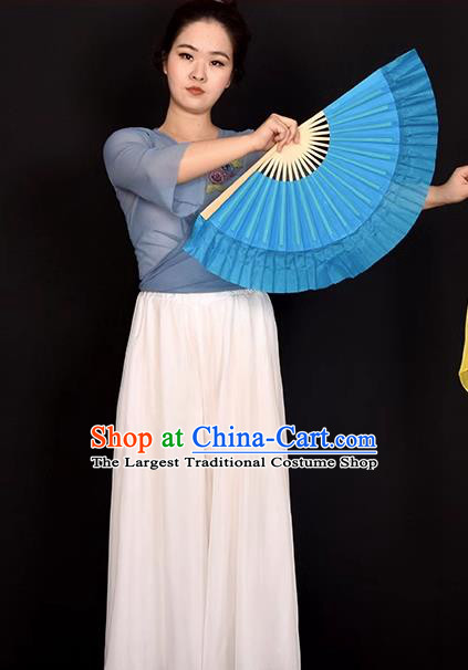 China Handmade Dancing Fan Dance Contest Lake Blue Ribbon Fan Classical Dance Silk Fan