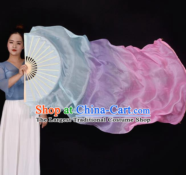 China Classical Dance Pure Silk Fan Handmade Gradient Blue Lilac Pink Dancing Fan Dance Contest Long Ribbon Fan