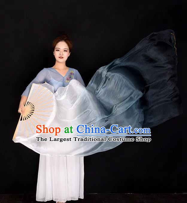 China Dance Contest Long Ribbon Fan Classical Dance Folding Fan Handmade Gradient White to Black Pure Silk Fan