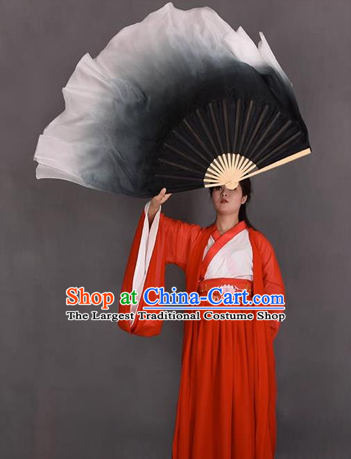 China Dance Competition Long Ribbon Fan Classical Dance Folding Fan Handmade Gradient Black to White Pure Silk Fan