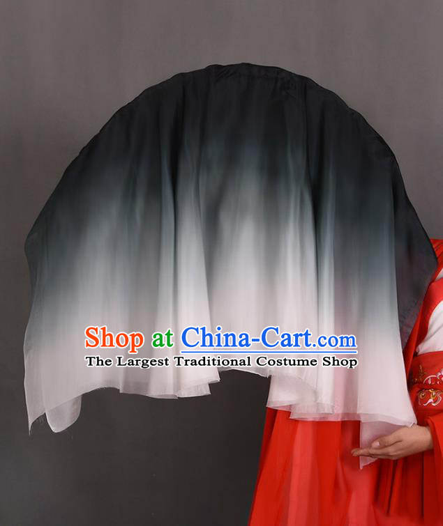 China Dance Competition Long Ribbon Fan Classical Dance Folding Fan Handmade Gradient Black to White Pure Silk Fan