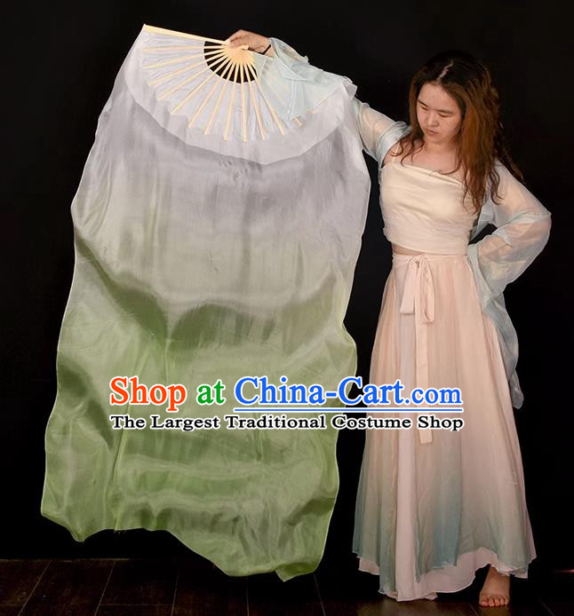 China Classical Dance Folding Fan Handmade Light Green Pure Silk Fan Dance Competition Long Ribbon Fan