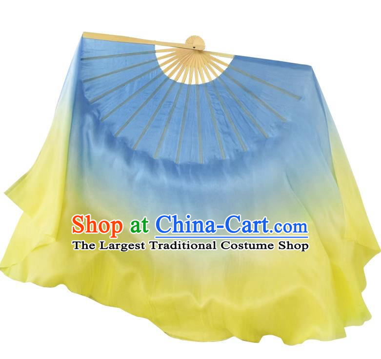 China Handmade Gradient Giant Blue to Yellow Pure Silk Fan Yangko Dance Ribbon Fan Classical Dance Folding Fan