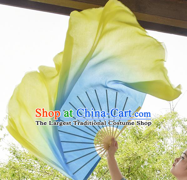 China Handmade Gradient Giant Blue to Yellow Pure Silk Fan Yangko Dance Ribbon Fan Classical Dance Folding Fan