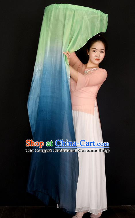 China Handmade Gradient Green to Blue Pure Silk Fan Jiaozhou Yangko Dance Folding Fan Women Group Dancing Long Ribbon Fan