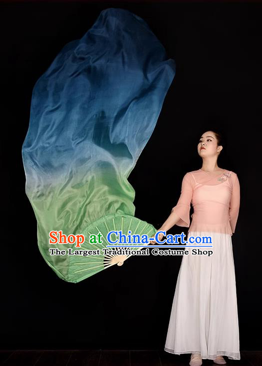 China Handmade Gradient Green to Blue Pure Silk Fan Jiaozhou Yangko Dance Folding Fan Women Group Dancing Long Ribbon Fan