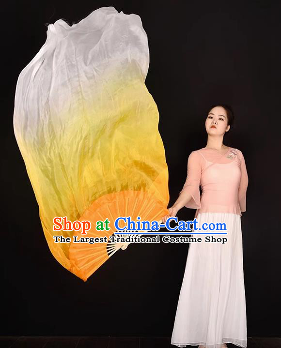 China Umbrella Dance Folding Fan Women Group Dancing Long Ribbon Fan Handmade Gradient Orange to White Pure Silk Fan