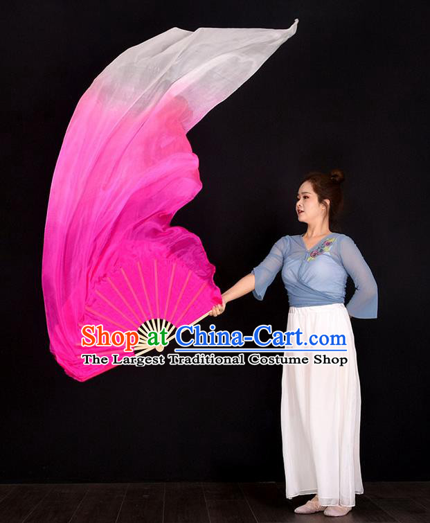 China Women Group Dance Fan Handmade Pure Silk Fan Yangko Dance Fan Classical Dance Gradient Pink Long Ribbon Fan