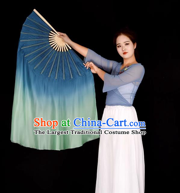 China Classical Dance Fan Jiaozhou Yangko Dance Silk Fan Handmade Blue to Green Ribbon Fan