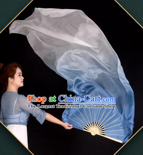 China Classical Dance Long Ribbon Fan Children Dance Silk Fan Handmade Gradient Blue to White Fan