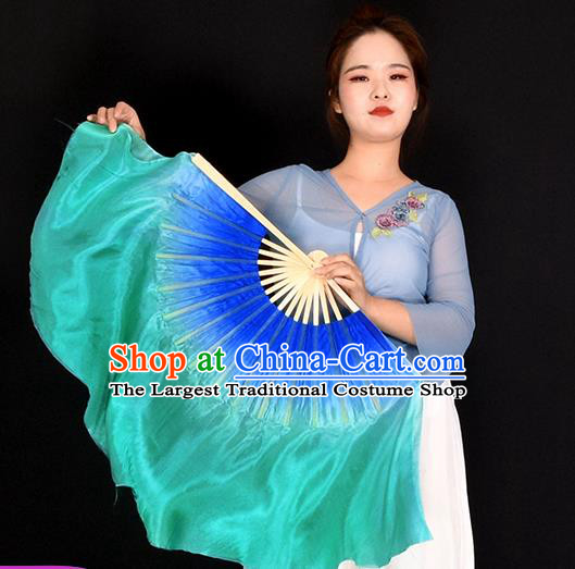 China Classical Dance Fan Taoli Cup Women Dance Competition Pure Silk Fan Handmade Gradient Blue to Green Fan