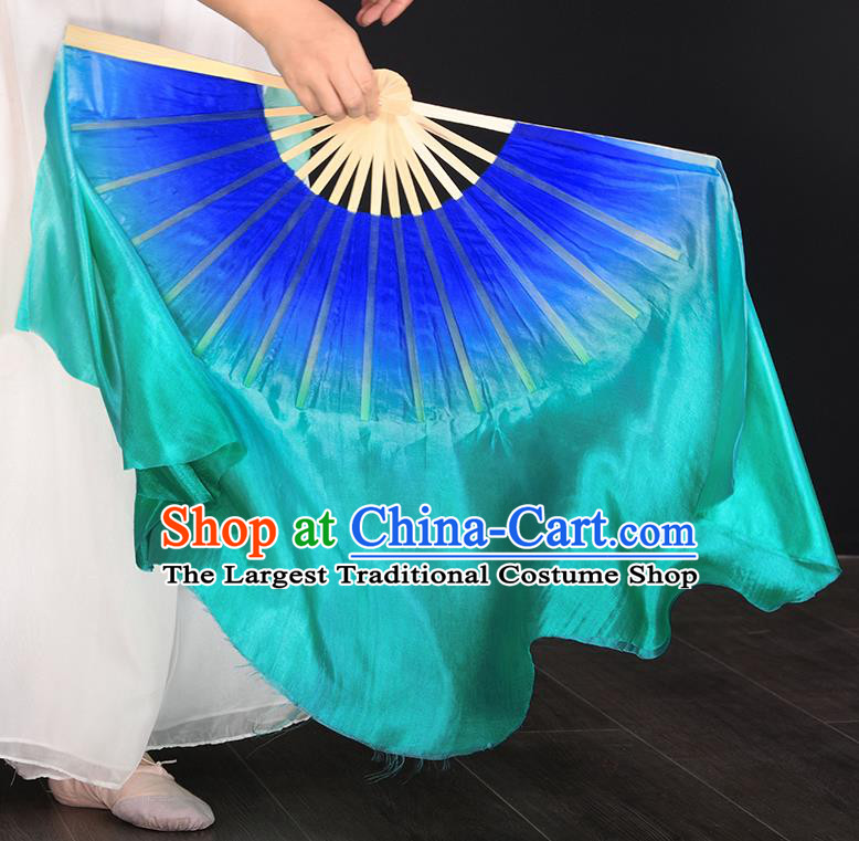 China Classical Dance Fan Taoli Cup Women Dance Competition Pure Silk Fan Handmade Gradient Blue to Green Fan