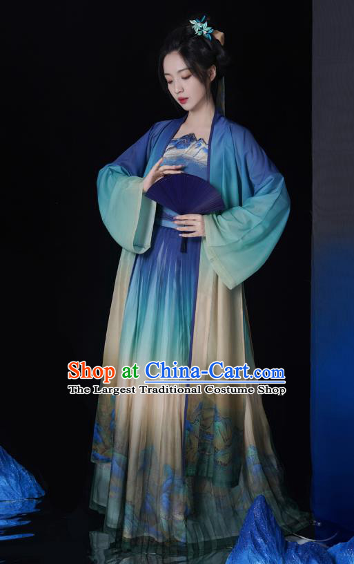 Traditional Woman Hanfu Set China Song Dynasty Young Lady Blue Dresses Ancient Royal Princess Costumes