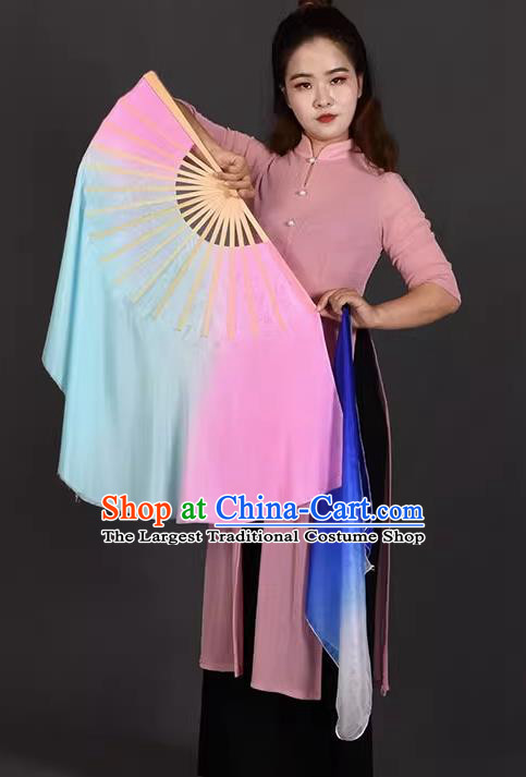 China Yangko Dance Fan Handmade Stage Pink and Blue Silk Fan Classical Dance Ribbon Fan