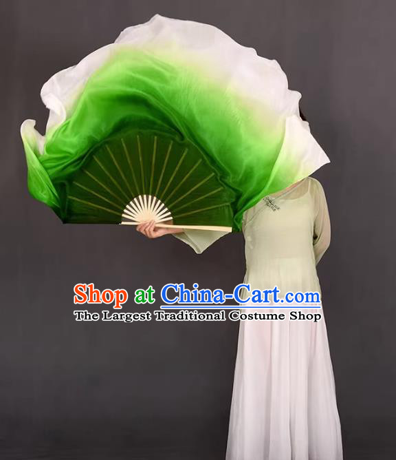 China Classical Dance Ribbon Fan Yangko Dance Fan Handmade Stage Deep Green Silk Fan