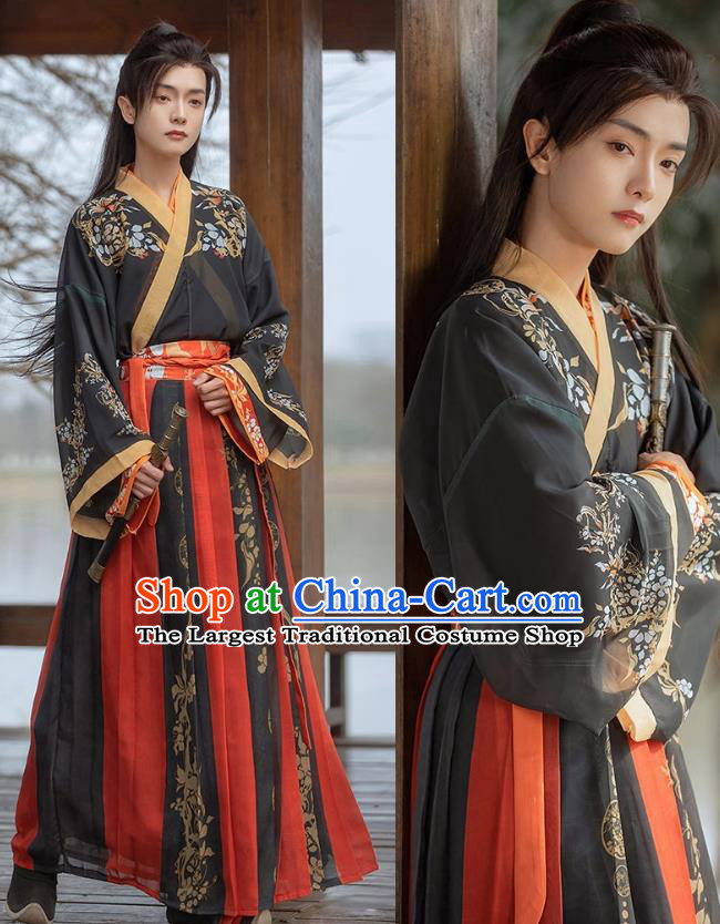 China Jin Dynasty Young Childe Clothing Ancient Swordsman Costumes Male Black Hanfu