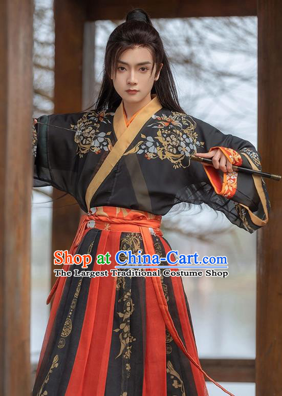 China Jin Dynasty Young Childe Clothing Ancient Swordsman Costumes Male Black Hanfu