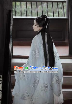 China Ancient Noble Lady Costumes Woman Light Blue Hanfu Dress Ming Dynasty Embroidered Clothing