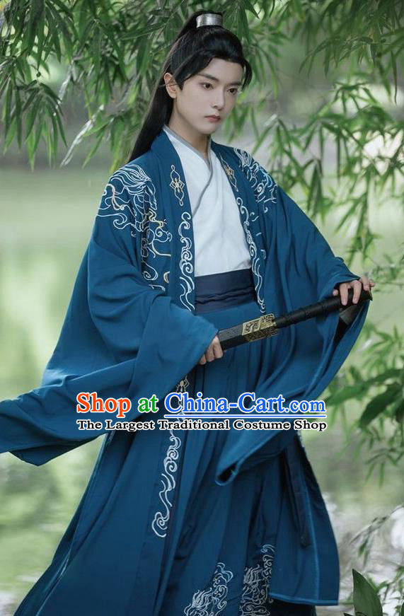 China Ancient Swordsman Embroidered Costumes Male Deep Blue Hanfu Jin Dynasty Young Childe Clothing