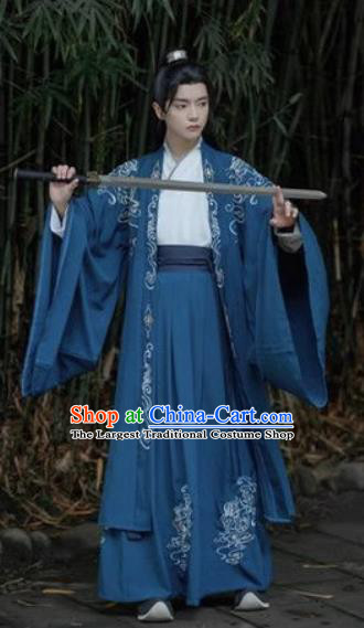 China Ancient Swordsman Embroidered Costumes Male Deep Blue Hanfu Jin Dynasty Young Childe Clothing