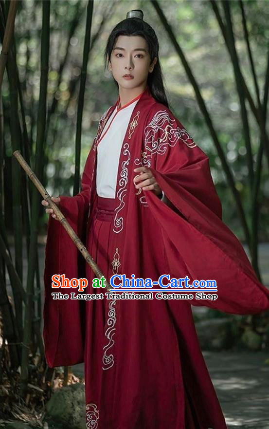 China Jin Dynasty Young Childe Clothing Ancient Swordsman Embroidered Costumes Male Red Hanfu Outfit