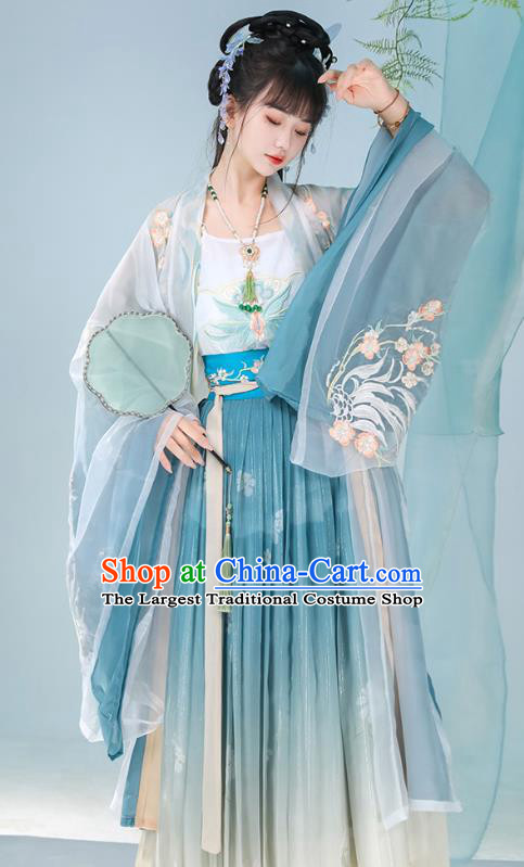 China Song Dynasty Young Lady Clothing Ancient Royal Princess Costumes Traditional Woman Blue Hanfu Dress