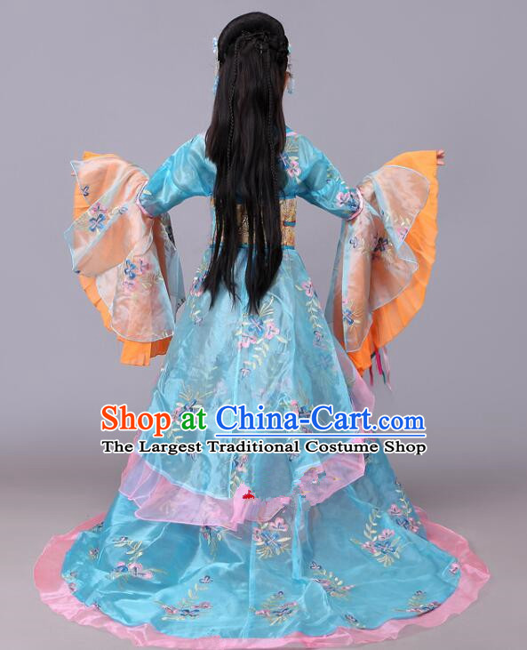Ancient Fairy Costumes Chinese Tang Dynasty Princess Clothing Children Blue Hanfu Dress