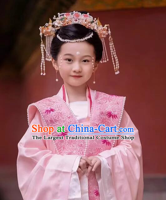 Chinese Children Pink Hanfu Dress Ancient Empress Costumes Song Dynasty Princess Clothing