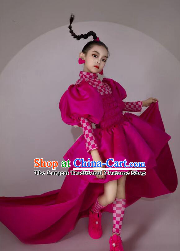 Top Children Catwalks Clothing Professional Model Contest Magenta Lantern Dress Cool Girl Stage Show Costume