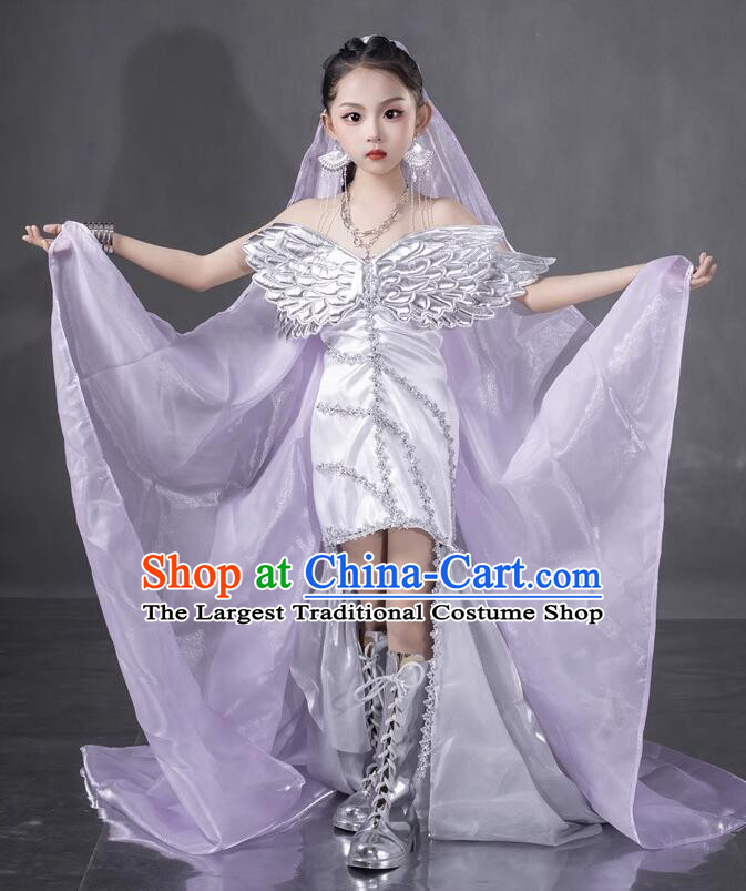Cool Girl Stage Show Costume Top Children Princess Catwalks Clothing Professional Model Contest Lilac Wings Dress