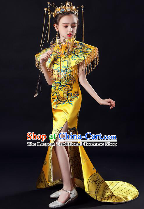 Professional Model Contest Golden Dress Qipao China Girl Stage Show Costume Top Children Catwalks Clothing