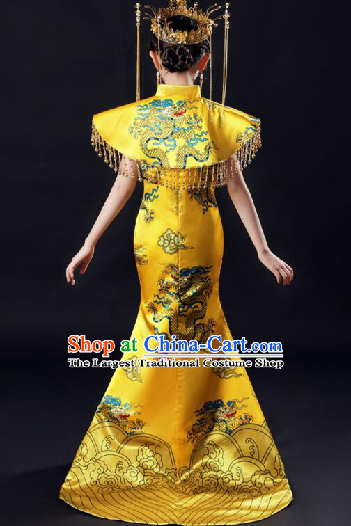 Professional Model Contest Golden Dress Qipao China Girl Stage Show Costume Top Children Catwalks Clothing