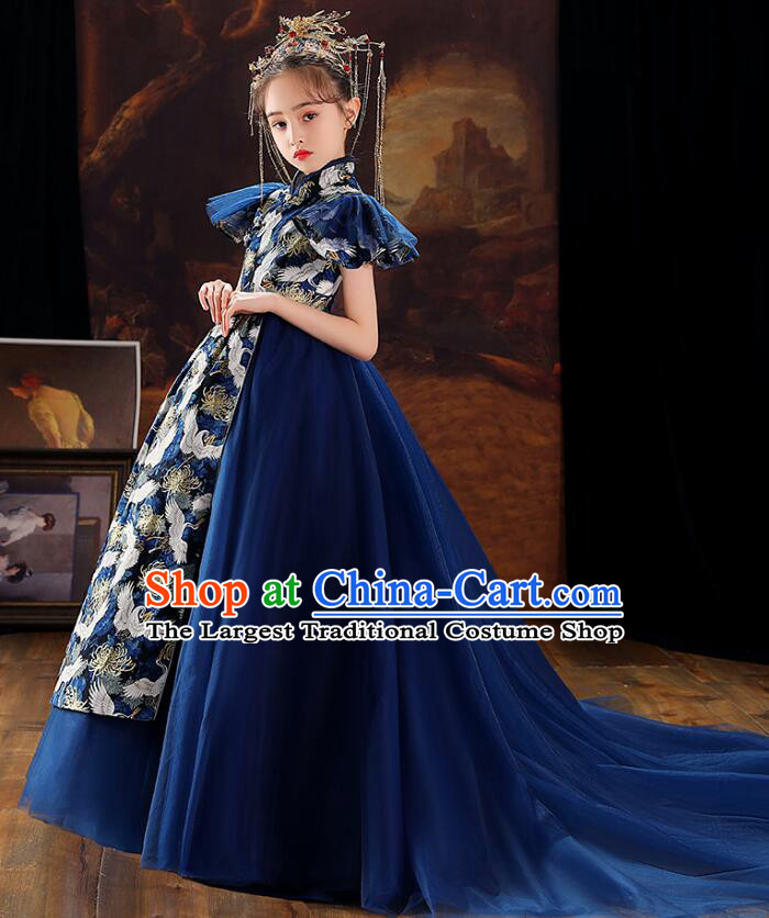 China Stage Show Costume Top Children Catwalks Clothing Professional Model Contest Dark Blue Dress Princess Fashion