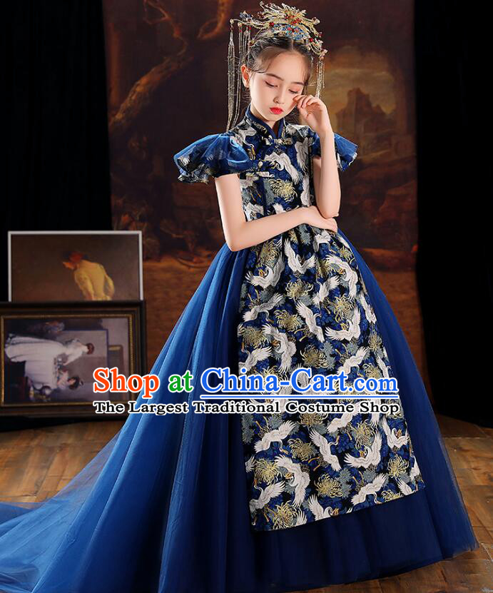 China Stage Show Costume Top Children Catwalks Clothing Professional Model Contest Dark Blue Dress Princess Fashion