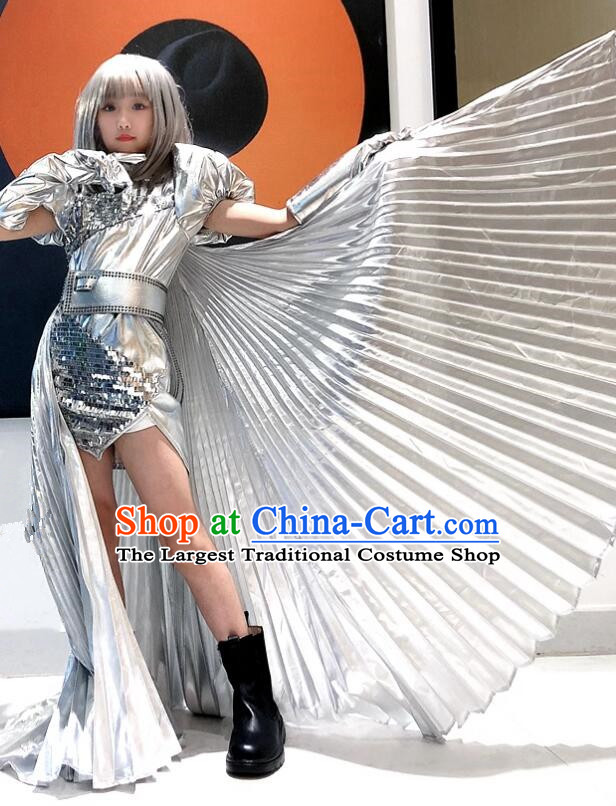 Professional Model Contest Shiny Silver Dress Girl Stage Show Costume Top Children Catwalks Wings Clothing
