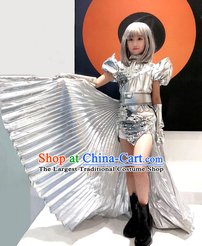Professional Model Contest Shiny Silver Dress Girl Stage Show Costume Top Children Catwalks Wings Clothing