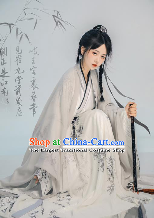 China Ancient Scholar Garments Costumes Traditional Wuxia Printing Bamboo Hanfu Song Dynasty Swordsman Clothing
