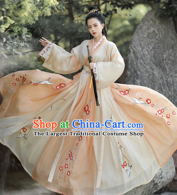 China Traditional Woman Ruqun Orange Hanfu Dress Jin Dynasty Female Swordsman Costumes Ancient Heroine Clothing